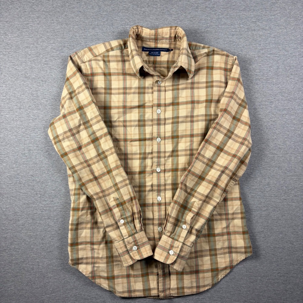 Ralph Lauren Sport Button Down Women 10 Tan Plaid Long Sleeve Cotton Shirt